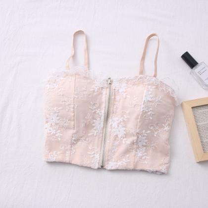 Style Embroidered Flower Lace Trim Camisole Slim..