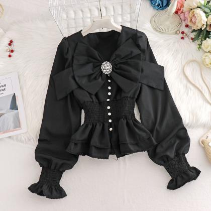 Women's Bowknot Decorated V-neck Puff..