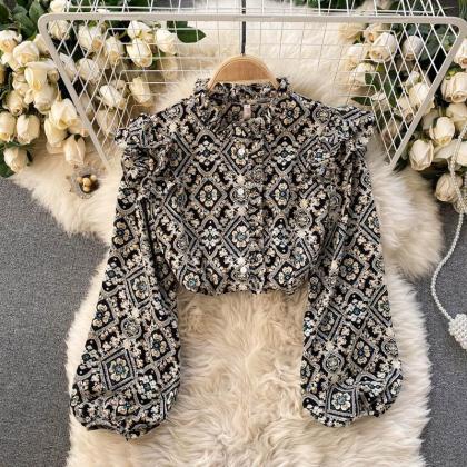 Women Round Neck Puff Sleeve Floral Long-sleeved..