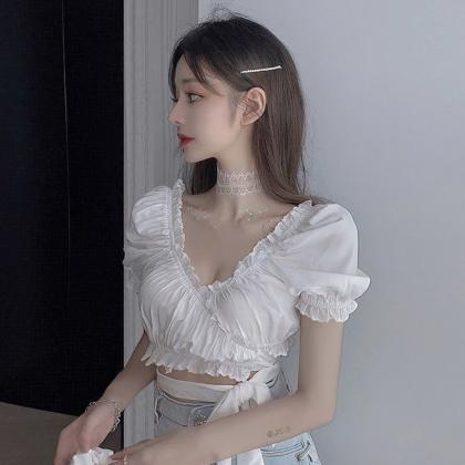 White Lace-up Puff-sleeved Shirt Short-sleeved..