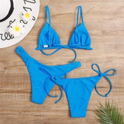 Sexy Bikini Solid Color Three Piece Swimsuit For..