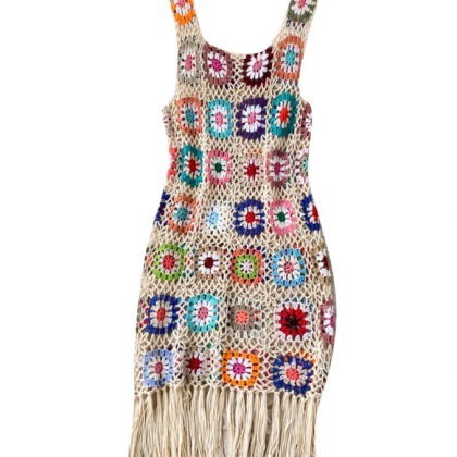 Amazing Hookflower Cut-out Tassel Vest Dress..