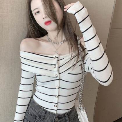 Off Shoulder Stripe Foreign Style Chic Top Bottom..