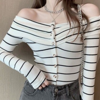 Off Shoulder Stripe Foreign Style Chic Top Bottom..