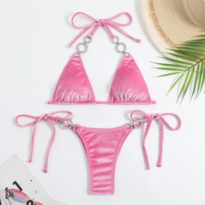 Swimsuit Sexy Strap Solid Color Female Split..