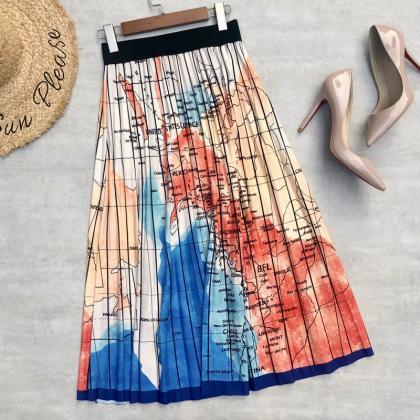 Pattern And Color Skirt Map Print Graffiti Pleated..