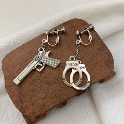 Antique Silver Pistol Handcuffs Earrings 925..