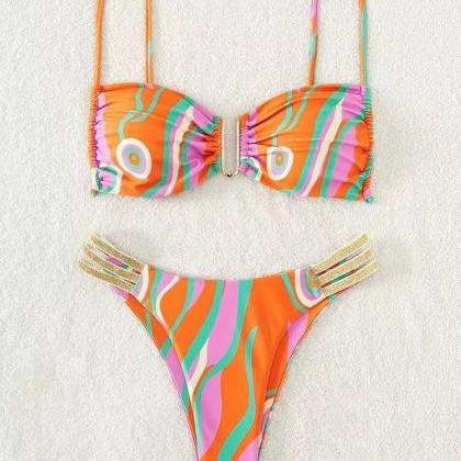 Sexy Bikini Set All-round Print Cut Bra U Button..