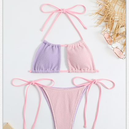 Color-blocking Swimsuit Pink Purple Bikini Sexy..