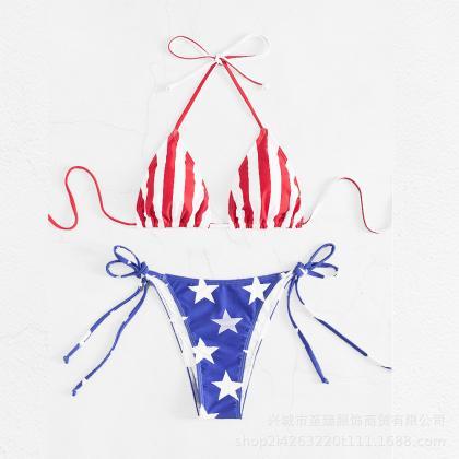 Flag Neck Triangle Lace Up Bikini Swimwear