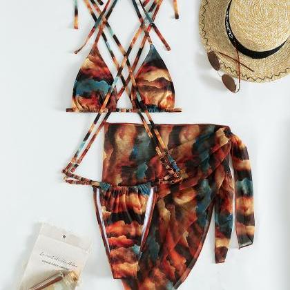 Gradient Print Triangle Cup Lace Up Sexy Swimwear..