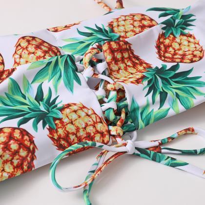 Pineapple Flower Strap Bikini Split Swimsuit High..