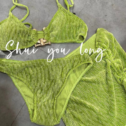 Three Piece Set Of Soft Green Velvet Bikini