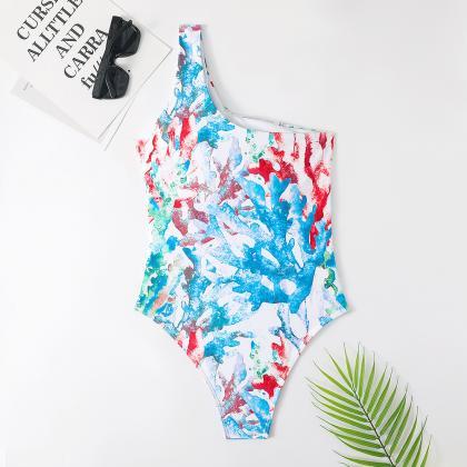 Multicolor Coral Print Swimsuit Sexy Hollow Out..