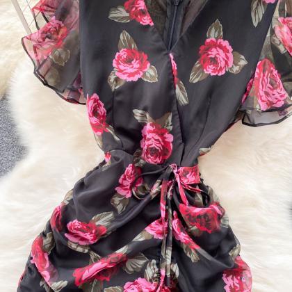 Chiffon Printed Dress With Elegant Ruffle Edge..