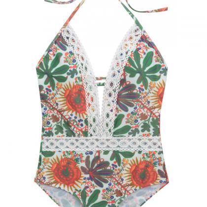 One-piece Swimsuit Printed Lace Swimwear Bathsuit