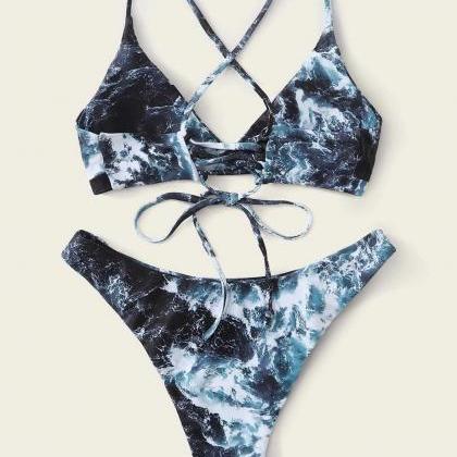 Cross Sexy Marble-lace Bikini Swimsuit