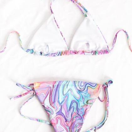 Sexy Lace-up Bikini Multi-color Print Three-piece