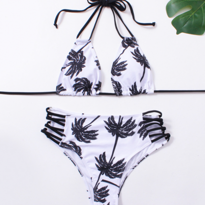 Coconut Tree Print Swimsuit Boom Halter Split..