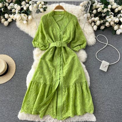 V-neck Hollow-out Dress Women Bubble Sleeve Loose..