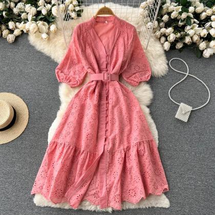 V-neck Hollow-out Dress Women Bubble Sleeve Loose..