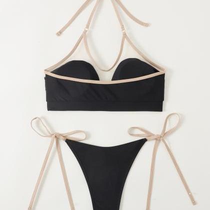 Mesh Patchwork Lace-up Two-piece Swimsuit Bikini