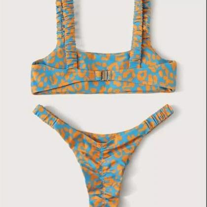 Leopard Print Bikini Sexy Split Strapless Swimsuit