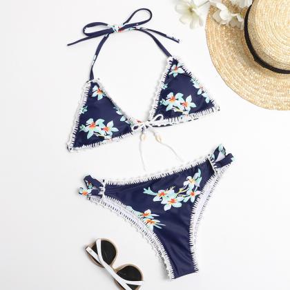 Floral Woven Two Piece Navy Blue Bikinis Swimwear..