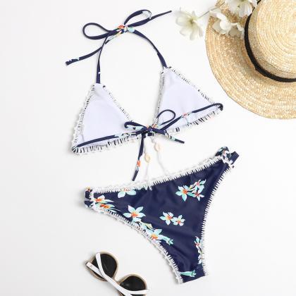Floral Woven Two Piece Navy Blue Bikinis Swimwear..