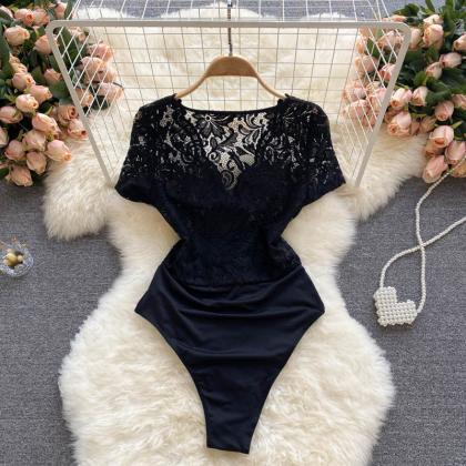 Niche Sexy See-through Lace Patchwork Jumpsuit..
