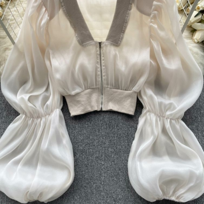 V Neck Bubble Sleeve Solid Top main image 0
