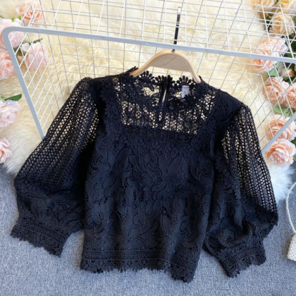 Hollowed-out Lace Puffy Sleeve Top For..