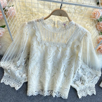 Hollowed-out Lace Puffy Sleeve Top For..