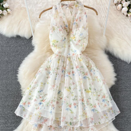 Backless Sleeveless A-line Floral Cake Dress..