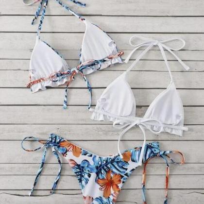 Two-tone Top Drawstring Print Bikini