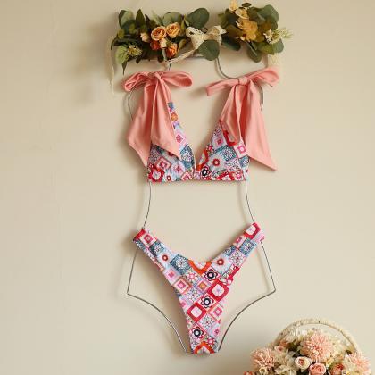 Halter Swimsuit Vintage Print Bikini