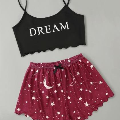 Cute Letter Tank And Shorts Women's..