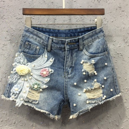 Cute Rhinestone Flower Denim Shorts