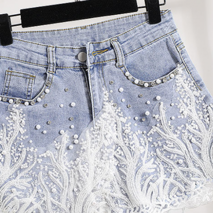 Embroidered Beaded Shiny Denim Shorts For Women..