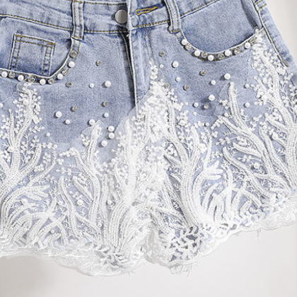 Embroidered Beaded Shiny Denim Shorts For Women..