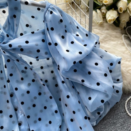 Bubble Sleeve Tie With Bow Polka Dot Shirt..