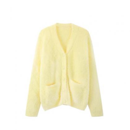Yellow Soft Waxy Design Sense Sweater Coat Female..