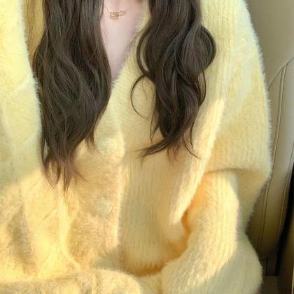 Yellow Soft Waxy Design Sense Sweater Coat Female..