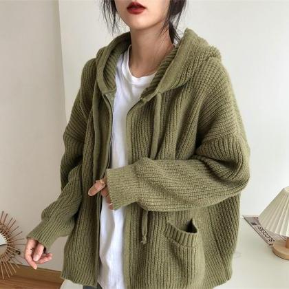 Loose Hooded Sweater Cardigan Coat For Women..