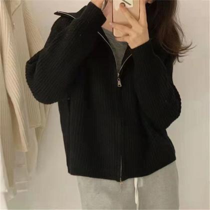 Double Zipper Lapel Solid Color Sweater Autumn And..