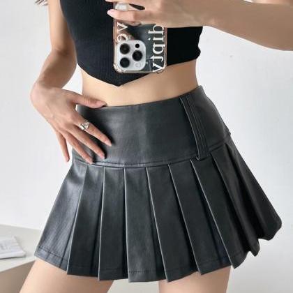 Pu Leather Skirt Pleated Skirt Solid Color Skirt