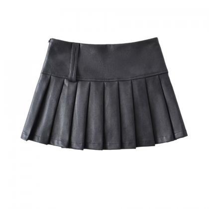 Pu Leather Skirt Pleated Skirt Solid Color Skirt