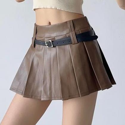 Pu Solid Color Pleated Skirt With Belt Skirt