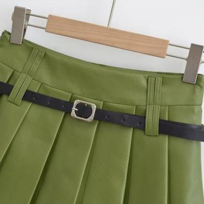 Pu Solid Color Pleated Skirt With Belt Skirt