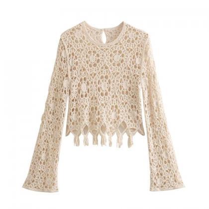 Crew-neck Knitted Hollow-out Long-sleeved Top..